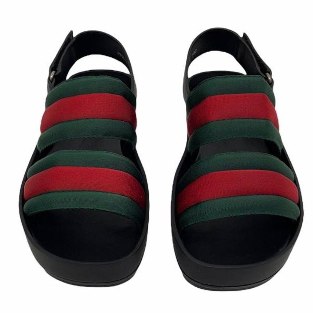 Gucci Green and Red Striped Leather-Trim Sandals
